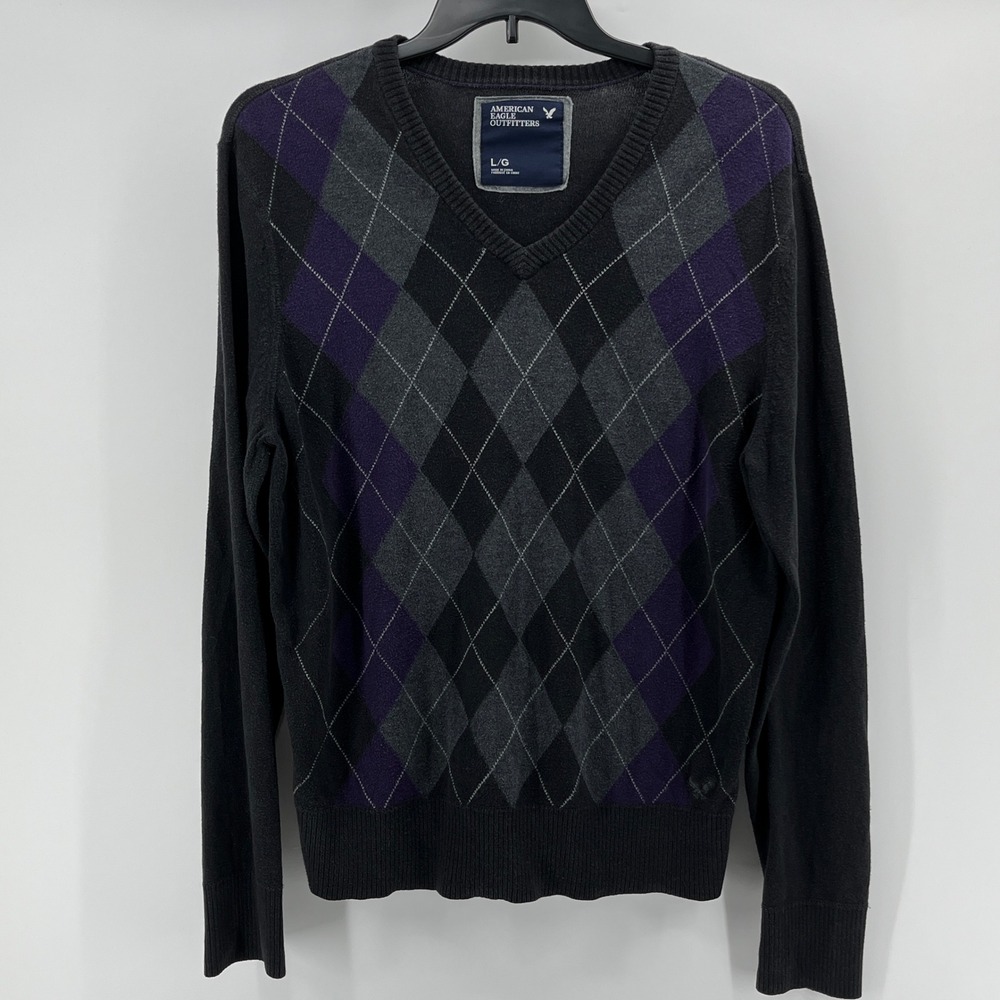 American Eagle Outfitters Mens Argyle V-Neck Sweater Purple Grey Black Large